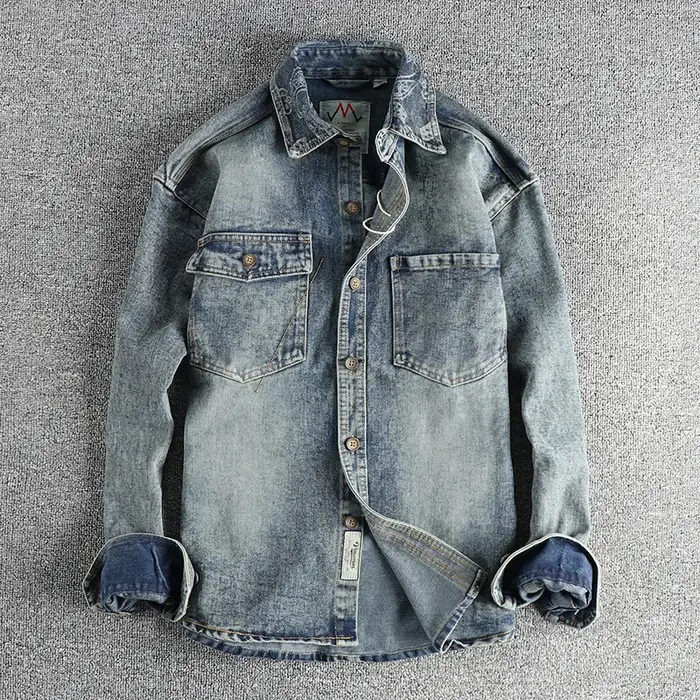 Manteau en denim rétro américain à manches longues pour hommes, revers, pur coton, lavé, vieux, mult