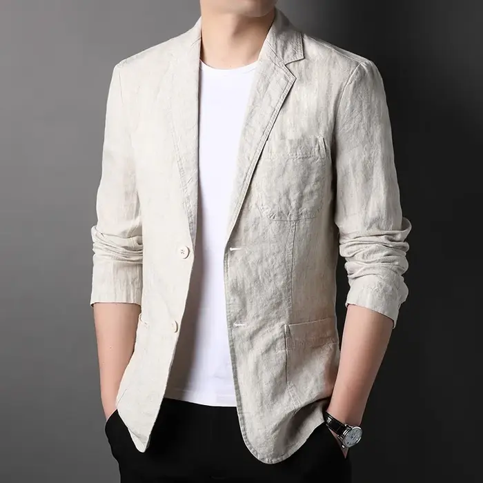 Costume en lin de haute qualité pour hommes, beau manteau fin pour hommes, composition de tissu, bla