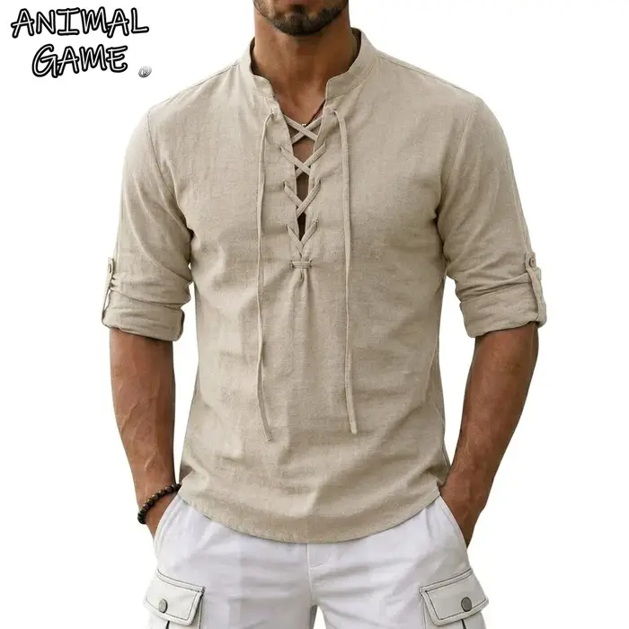 T-shirts en lin à manches longues pour hommes, style médiéval vintage viking, chemises en coton pour