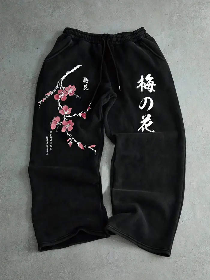 Pantalons décontractés pour hommes avec imprimé fleurs de prunier + design textuel japonais, tendanc