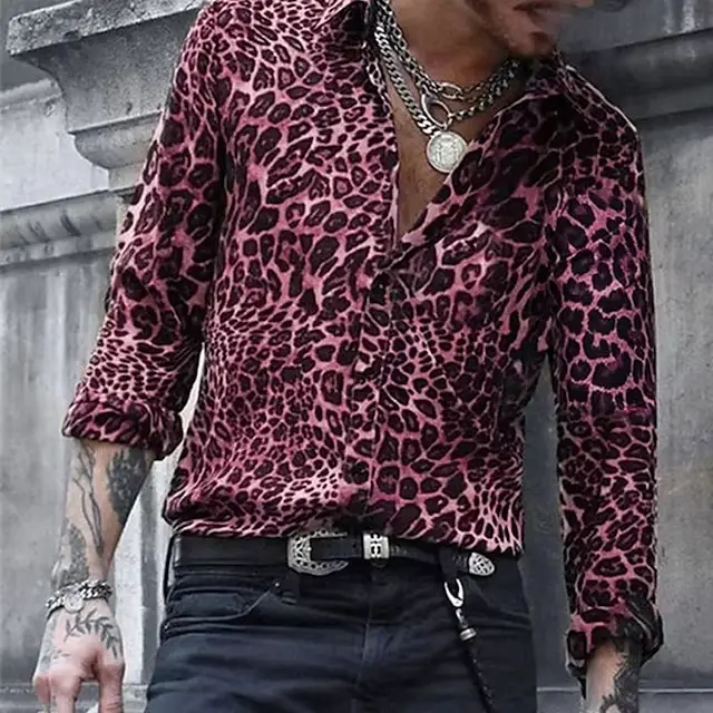 Chemise à manches longues pour hommes, motif imprimé léopard, bouton à revers, imprimé en 3D, décont