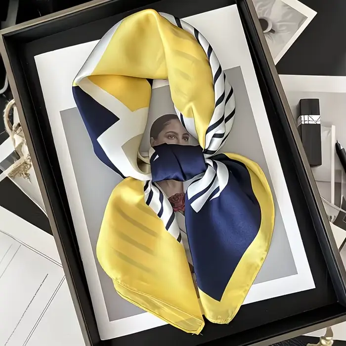 Écharpe carrée élégante à rayures bleu marine blanches et jaunes en polyester respirant pour bandes, châles et accessoires de cheveux occasions spéciales