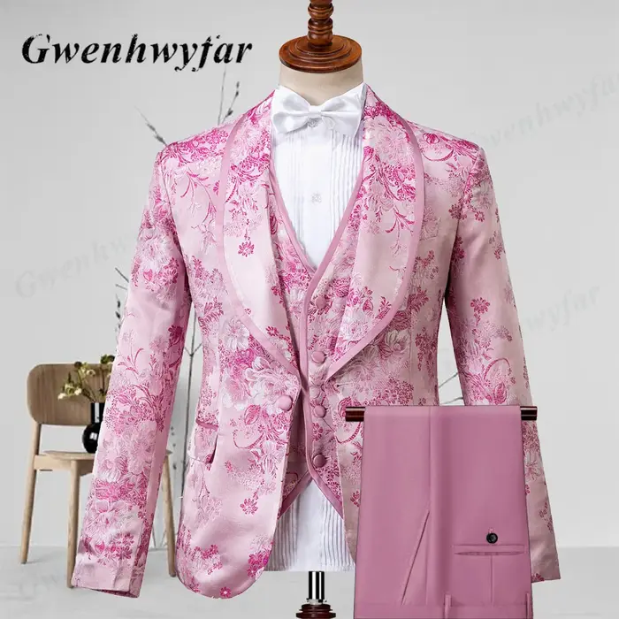 Gwenhwyfar rose hommes Tuxedos Floral 2026 haute qualité mâle fête Tuxedos 3 pièces coupe ajustée ch