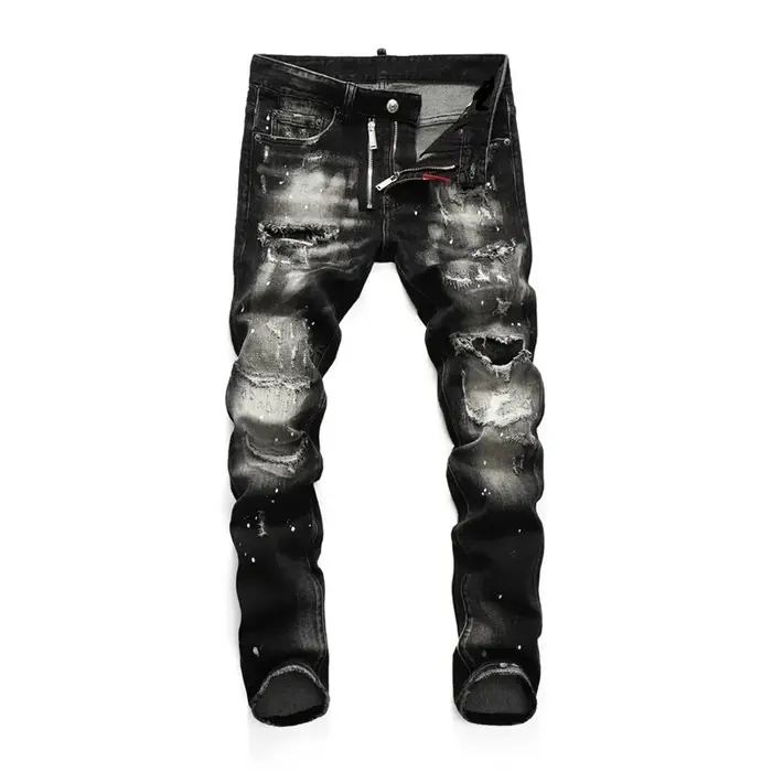 Haute qualité rue mode hommes jean rétro bleu élastique coupe ajustée déchiré jean hommes broderie c