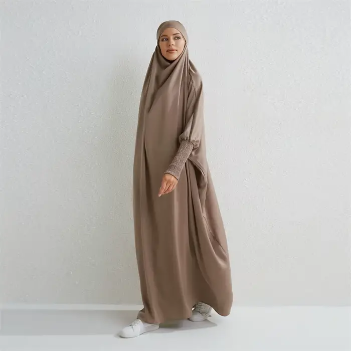 Abaya musulman à capuche manches smockées une pièce Robe de prière femmes Jilbab vêtements islamique