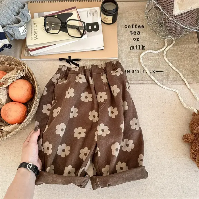 Pantalon ample vintage fleur imprimé enfants automne - Sarouel bébé garçon fille coton décontracté vêtement
