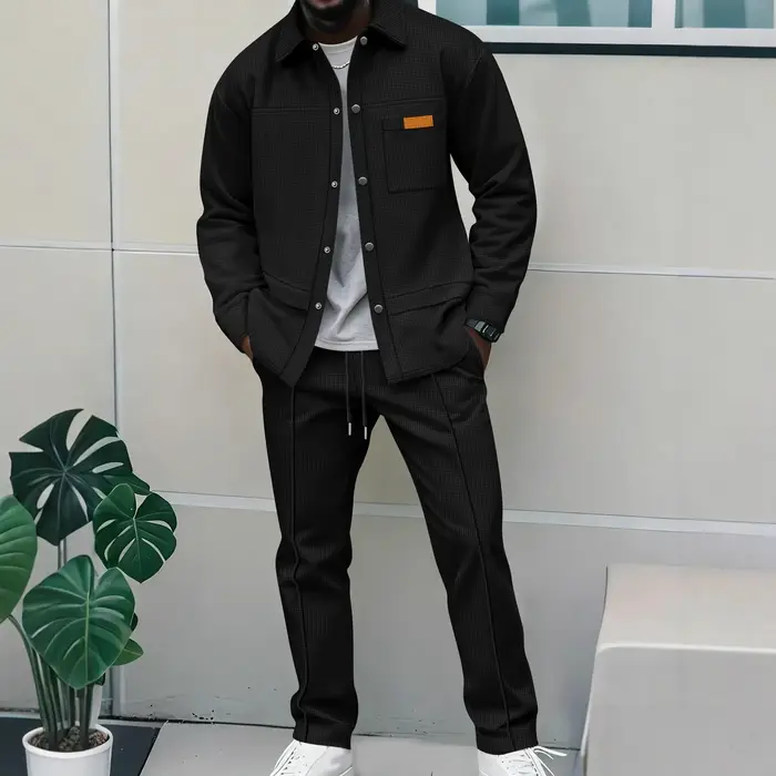 Ensemble veste et pantalon décontracté pour homme, nouveau style 2026, en tissu gaufré uni, avec col