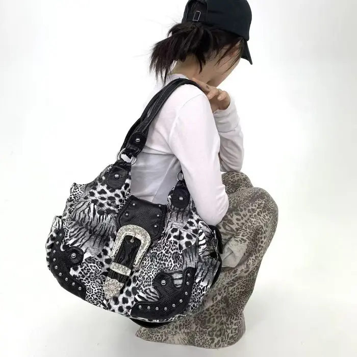 Y2K – sac fourre-tout en patchwork imprimé léopard pour fille épicée, personnalité de rue, avec plus