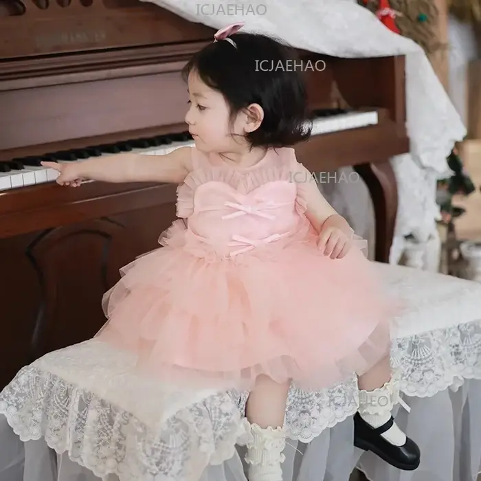 Robe de Premier Anniversaire pour Filles, Robe de Princesse Rose Pâle Premium, Robe de Demoiselle d'