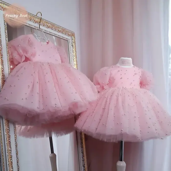 Robe de princesse tutu perlée pour bébé fille, manches bouffantes, nœud en tulle, vêtements de fête 