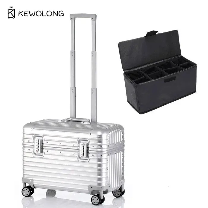 Valise en aluminium à coins arrondis, bagage cabine rigide à ouverture par le haut avec roulettes à 