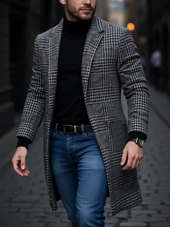 Nouveauté hommes en plein air épaissi chaud Trench manteau pied-de-poule automne hiver coupe-vent av