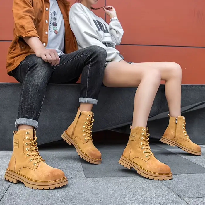 Bottes de moto en cuir véritable pour hommes, chaussures à lacets, fermeture éclair, haut, couple, a