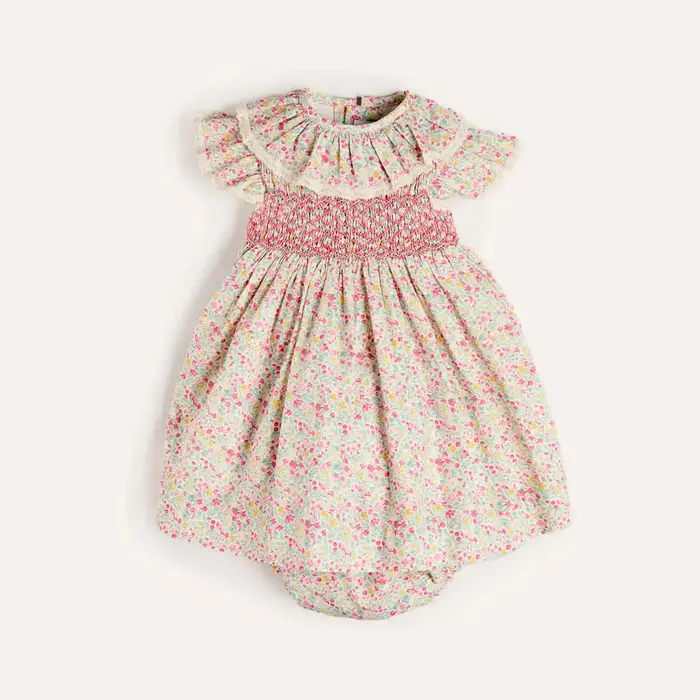 Ensemble 2 pièces pour bébé fille, col à volants smockés à la main, motif floral estival, style vint