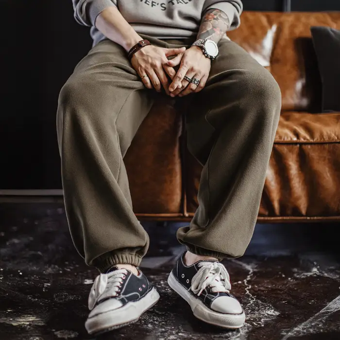 Maden Vintage hommes pantalon de survêtement en polaire brossé vert Olive pantalon thermique taille 