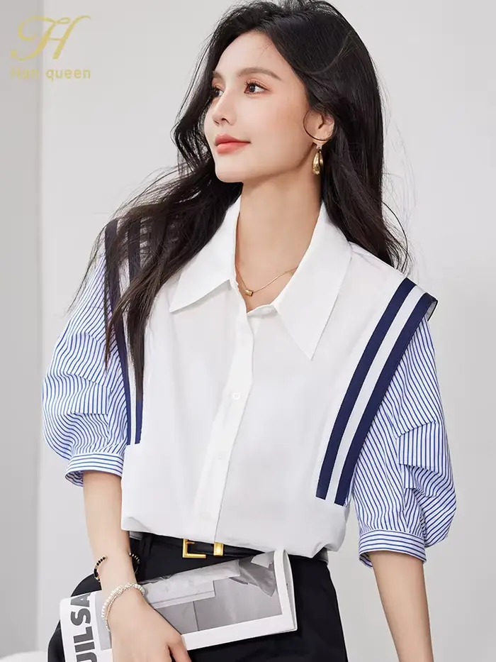 Été coréen femmes Colorblocking rayures Vintage hauts en mousseline de soie à manches courtes décont