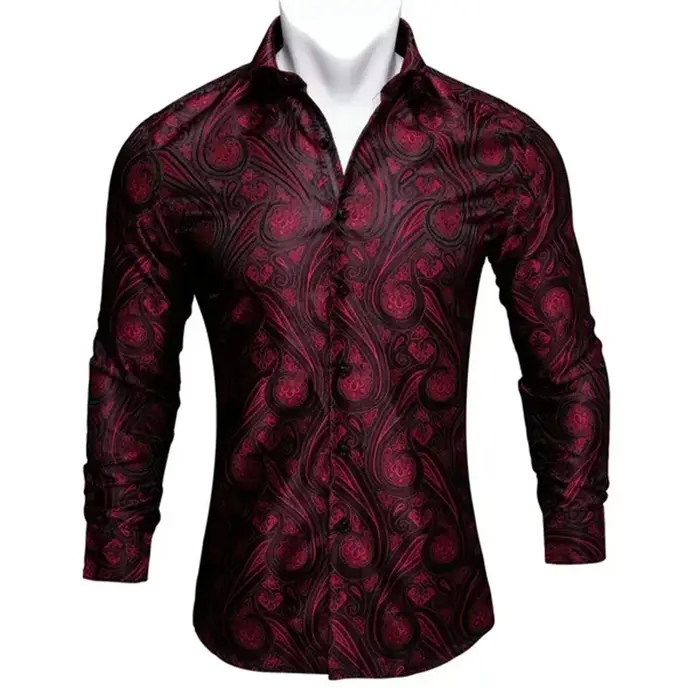 Nouveau 2024 élégant confortable bordeaux 3D imprimé chemise hommes à manches longues athloisir fleu