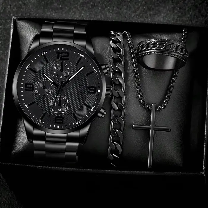 4 pièces coffret cadeau pour hommes d'affaires ensemble de montre tendance de la mode montre à quart