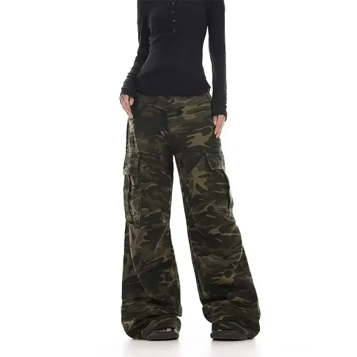 Pantalon de travail camouflage au design délavé rétro américain pour hommes et femmes, jambe droite 