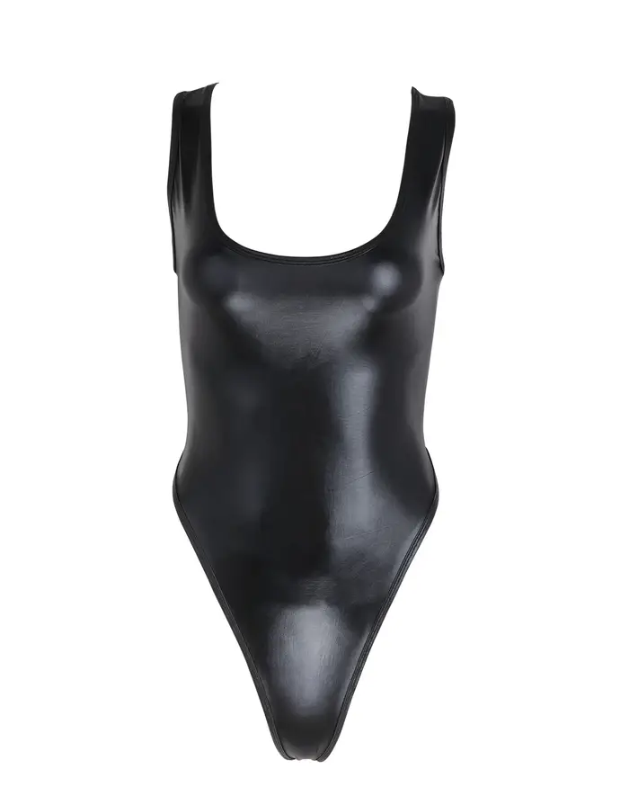 Femmes brillant métallique en cuir verni coupe haute dos nu justaucorps gymnastique body une pièce m