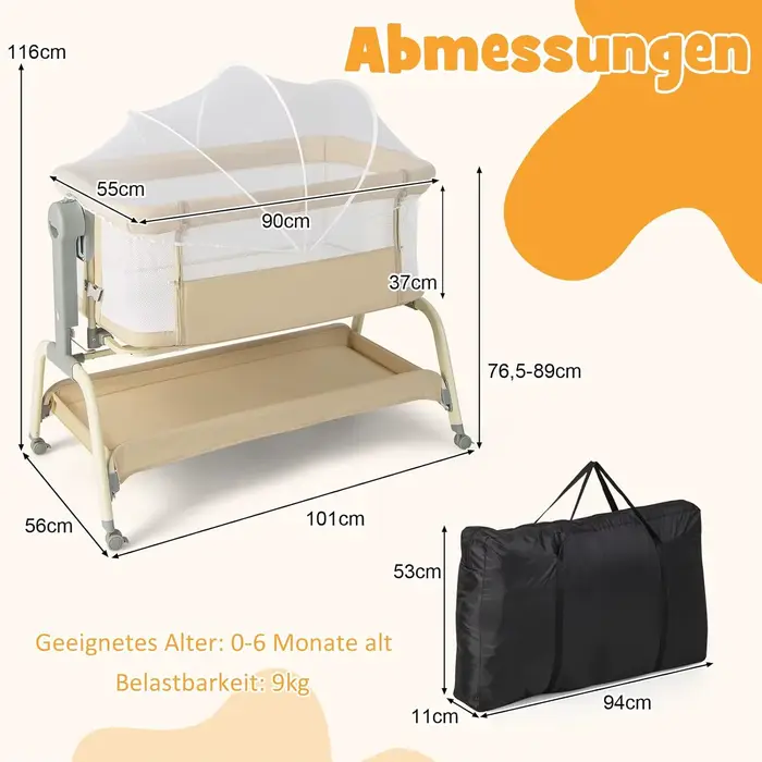 Lit bébé 4-en-1 avec moustiquaire, berceau d'appoint, lit bébé et berceau de voyage avec matelas, 6 