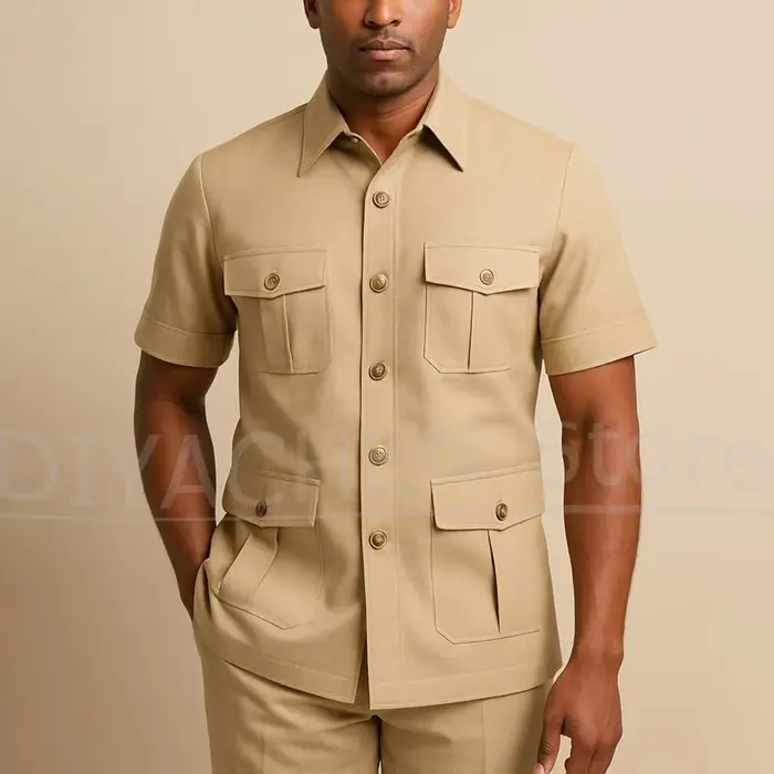 Ensemble de costume safari pour homme à manches courtes, 2 pièces, multi-poches, blazer et pantalon,