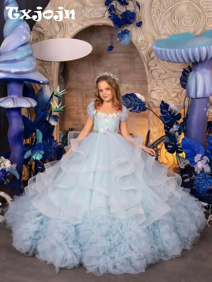 Robes de filles en tulle bleu ciel pour mariage, élégantes et douces, à col rond et manches bouffant