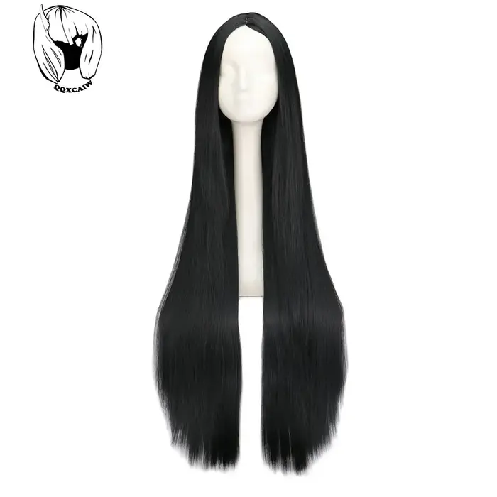 Perruque Synthétique Longue Noire de 100cm/40 ans, Cheveux Lisses, Degré de Chaleur, Costume de Carn