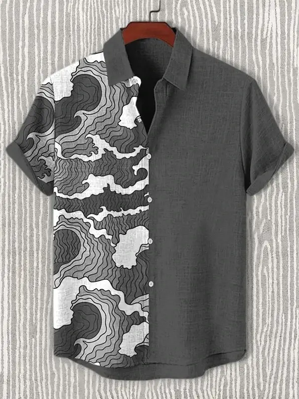 Ukiyoe Wave Print Men's Hawaiian Shirt Polyester Fabric, Summer Casual Vacation and Outdoor Wear Men