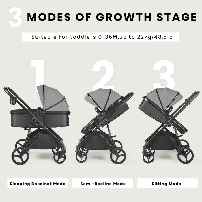 Poussette pour bébé 2 en 1, landau pliable avec siège réversible, auvent réglable, panier de rangeme