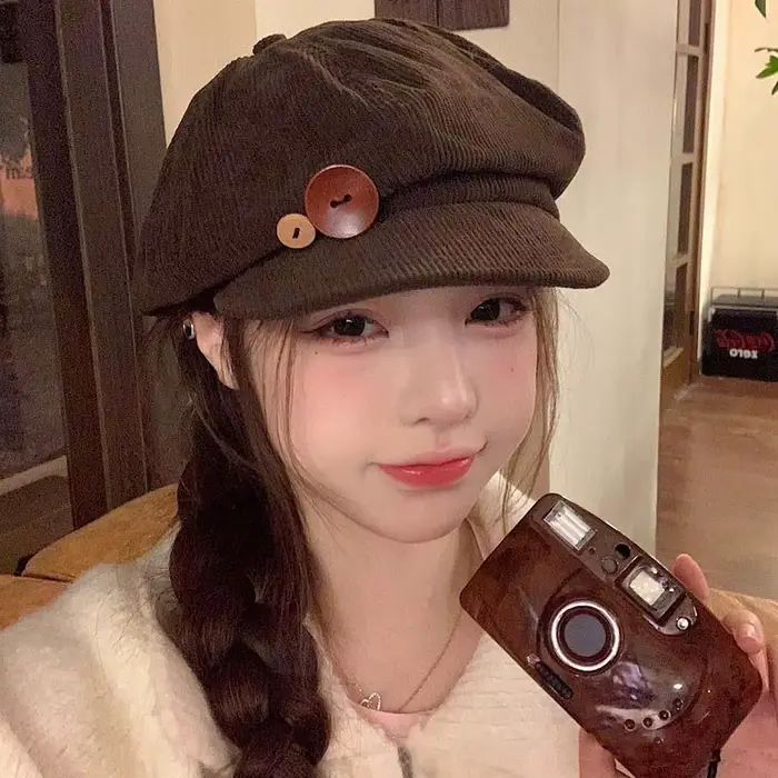 Béret Vintage en velours côtelé pour femmes, casquette octogonale à boutons coréens, chapeaux d'arti