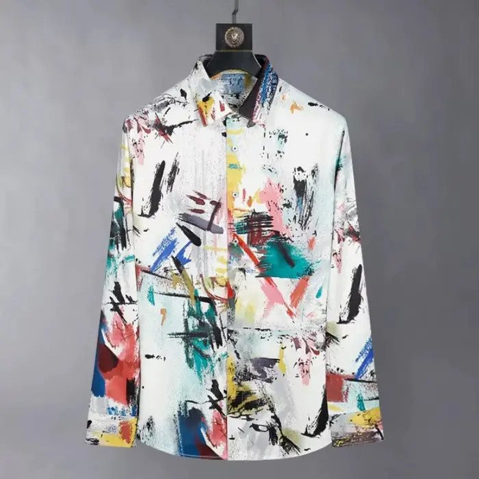 Chemise en polyester pour homme 2026 avec imprimé graffiti, manches longues, coupe ajustée, streetwe