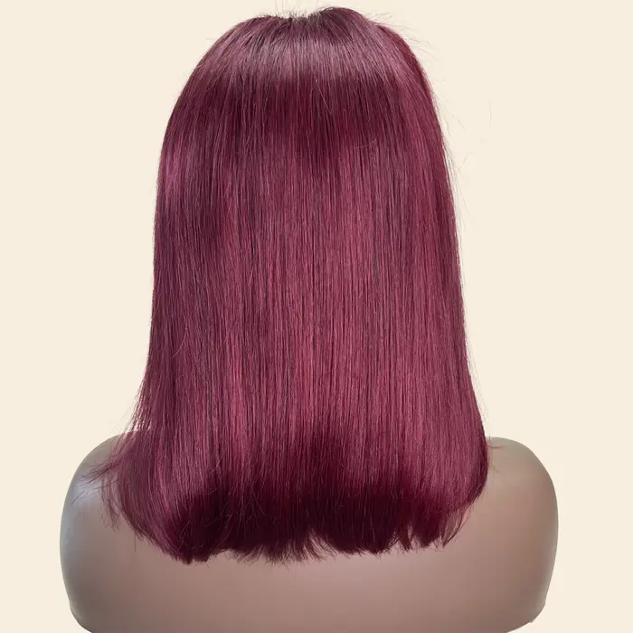 Perruque Bob Lace Front Wig Remy Naturelle Lisse, Cheveux Courts, Bordeaux 99J, 13x4, Pre-Plucked, D