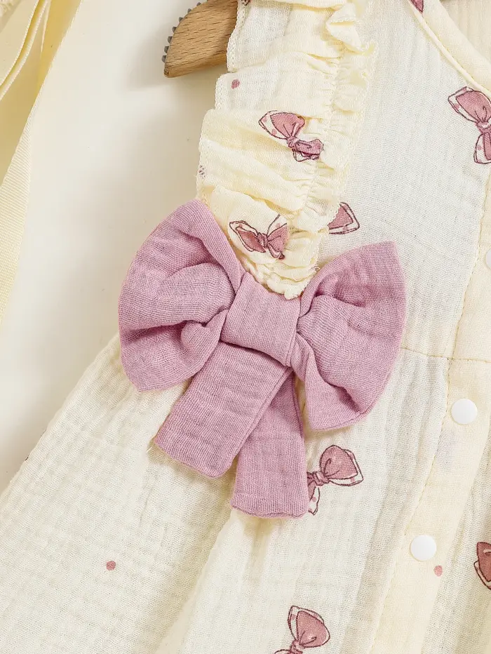 Robe bébé fille 0 à 9 mois imprimé nœud col rond volants chapeau assorti pour occasions spéciales et quotidien