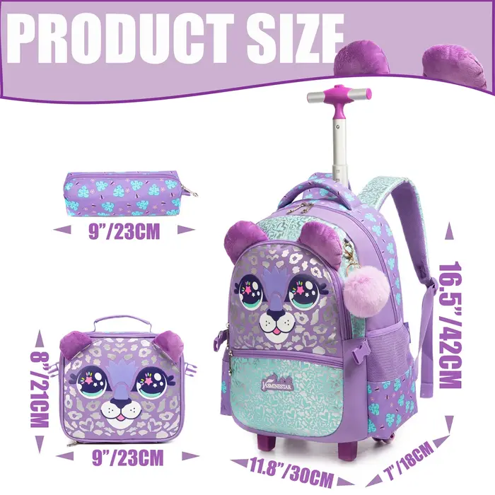 Sac à dos à roulettes pour filles avec boîte à lunch, sacs à dos scolaires à roulettes, sac à dos à 