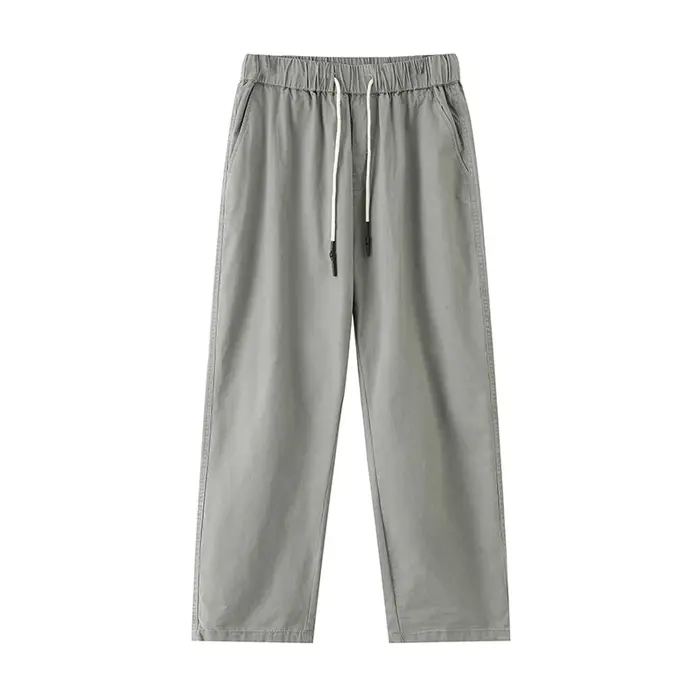 Pantalon décontracté pour homme en coton respirant, couleur unie gris kaki, idéal pour le printemps 