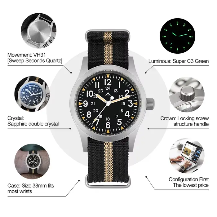 Militado ML05 montre Vintage VH31 balayage deuxième mouvement dôme cristal saphir avec revêtement AR