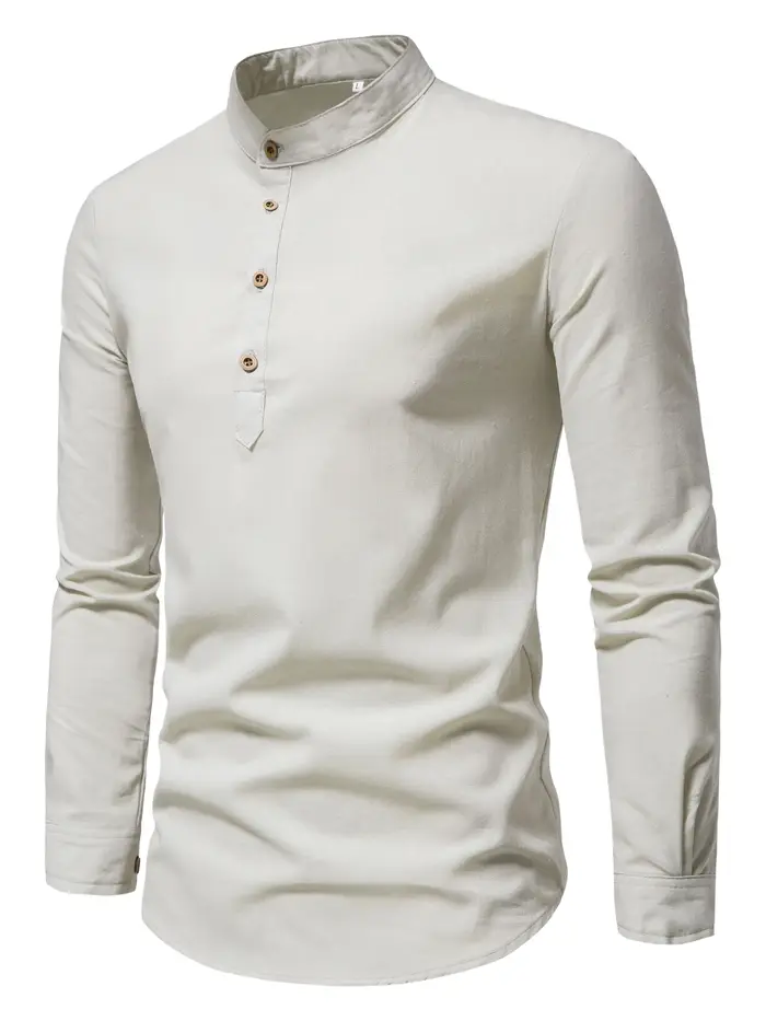 Chemises de couleur unie en pur coton pour hommes, chemises élégantes à manches longues et col monta
