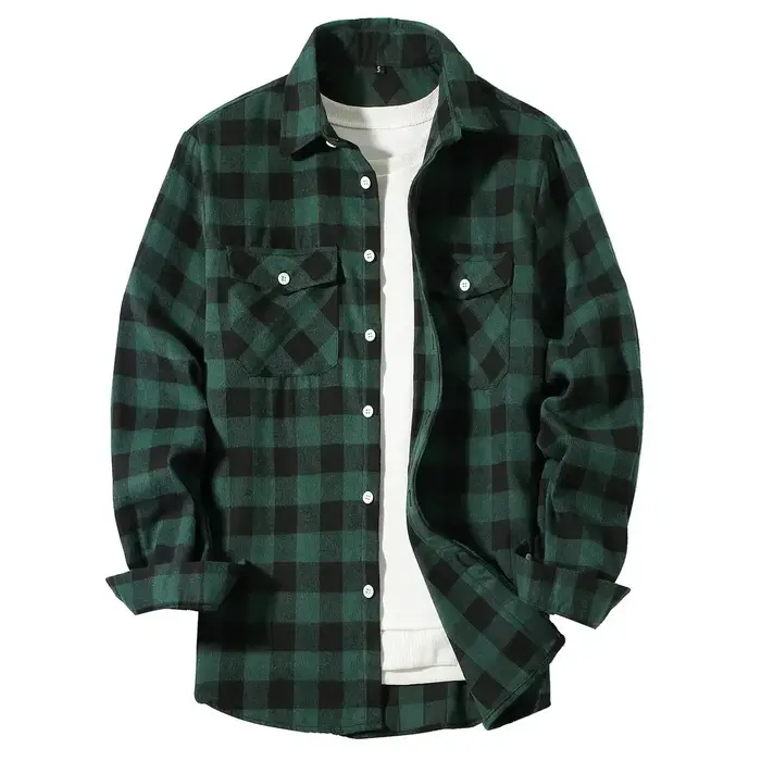 Chemise à carreaux décontractée à simple boutonnage pour hommes, chemise à manches longues, double p