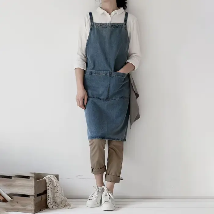Tablier en Denim coton toile coréenne antisalissure nettoyage à domicile cuisine vêtements de travai