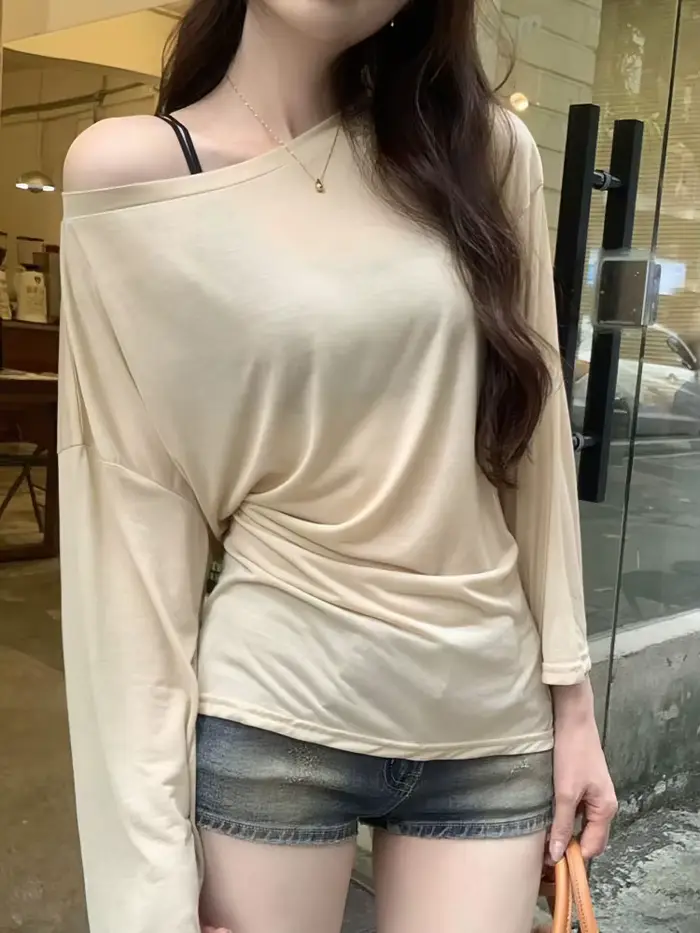 Sexy mince voir à travers à manches longues surdimensionné t-shirt femmes pansement hors épaule haut