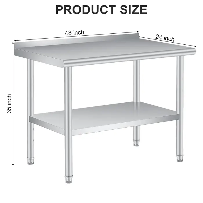 Table en acier inoxydable pour préparation et travail avec dosseret, table commerciale robuste avec 