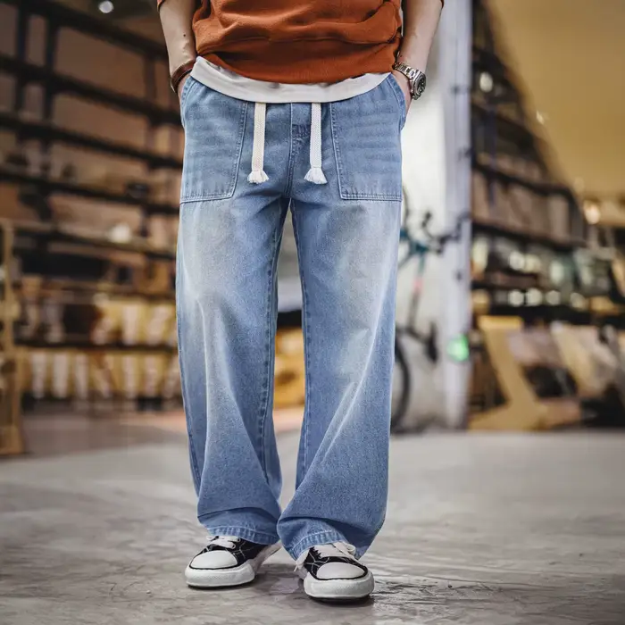 Jean Maden pour homme, style vintage, en denim délavé, coupe large, avec cordon de serrage et taille
