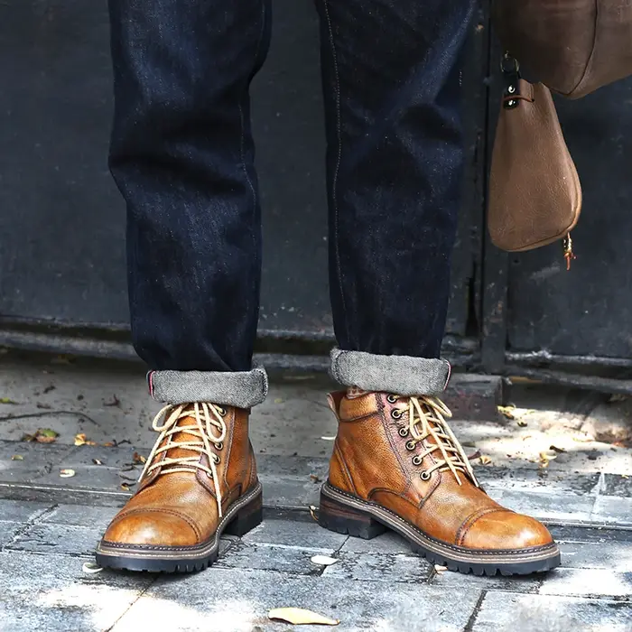 Bottes de combat Goodyear Welt pour hommes, en cuir vieilli britannique vintage à tige haute avec se