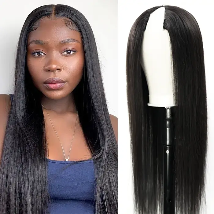 Perruque droite en V U pour femme, cheveux humains, sans laisser de côté, partie fine, densité 250, 