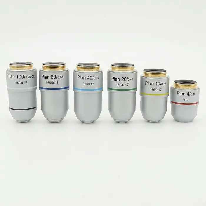 Objectif de Plan de Microscope biologique, lentille 4X 10X 20X 40X 60X 100X RMS, filetage 160/0.17