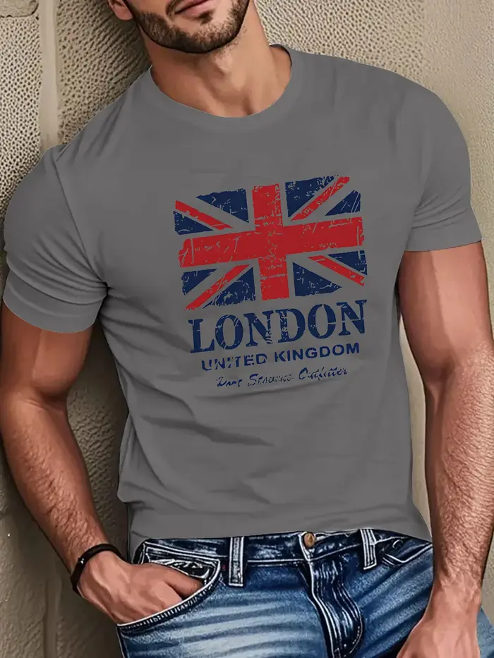 T-shirt à manches courtes pour hommes, 100% pur coton, imprimé drapeau britannique et monuments de L