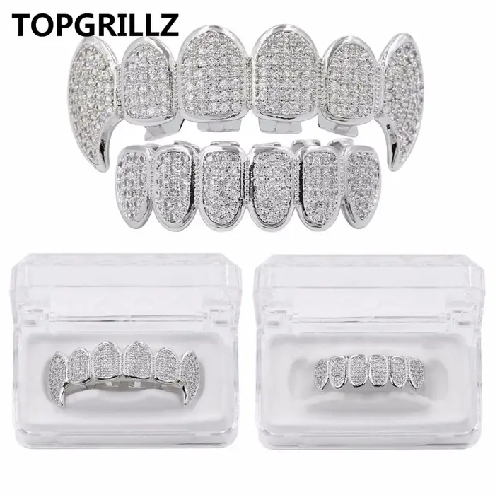 TOPGRILLZ – ensemble de grilles en Rhodium, plaqué argent, CZ, Micro pavé, haut et bas, dents de Vam