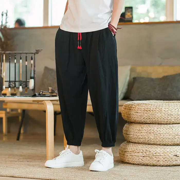 Pantalon décontracté japonais pour homme, en coton et chanvre, coupe ample avec cordon de serrage, s