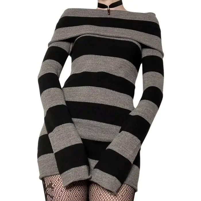 Mini robe moulante rayée pour femmes, col bateau, épaules dénudées, manches longues, courte, envelop